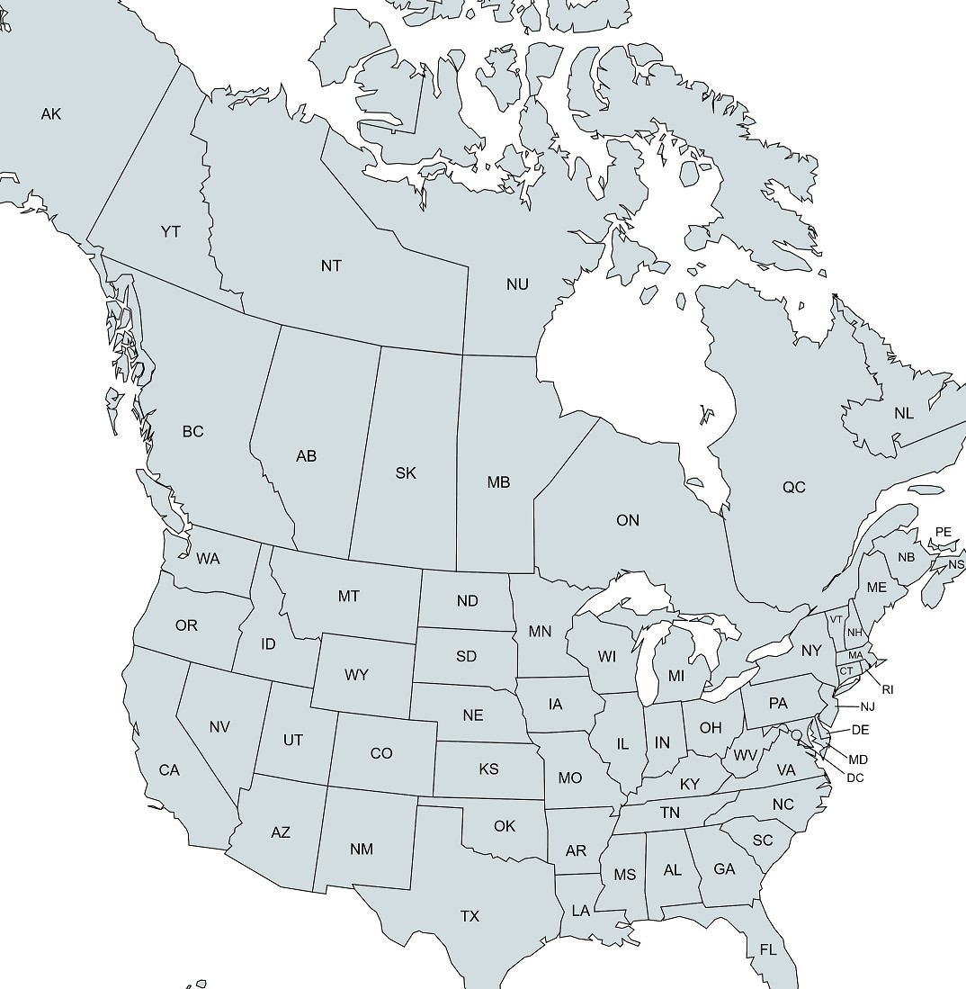 Map of the United States and Canada. Select a state or province to see the physicians listed there.
